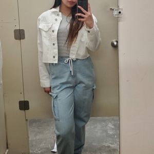 Cropped white denim jacket